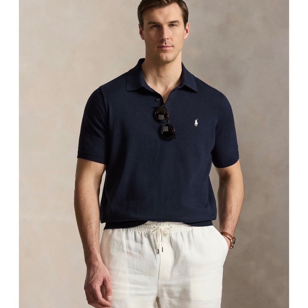 Polo Ralph Lauren Knit Sweater Polo Mens Medium Navy Blue Cotton Short Sleeve